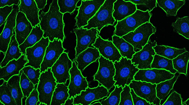 Fluorescent tagging reveals the claudin-5 proteins that form the tight junctions between endothelial cells.