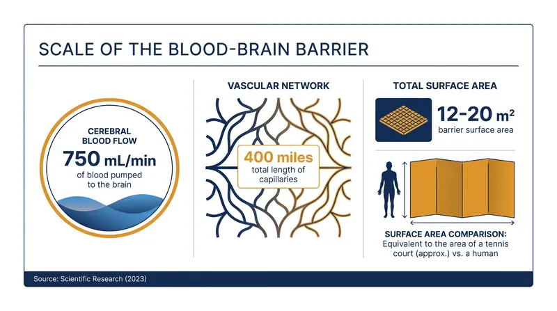 The human brain contains roughly 400 miles of capillaries, providing a massive surface area for nutrient exchange.