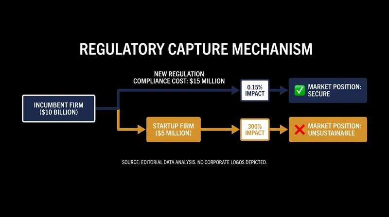 How fixed compliance costs structurally eliminate smaller competitors while barely affecting heavily capitalized incumbents.