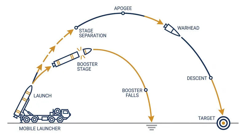 How short-range ballistic missiles like the DF-15A separate their booster stages during flight, allowing the warhead to continue to the target.
