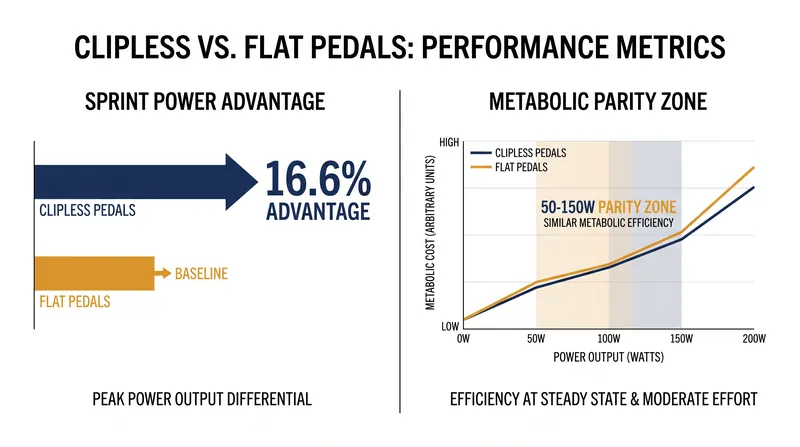 While low-intensity riding shows no metabolic difference, clipless pedals provide a massive advantage during maximal sprints.