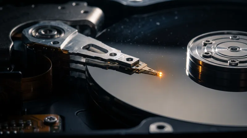 A microscopic view of a hard drive read-write head emitting a tiny amber laser beam onto a reflective magnetic platter.