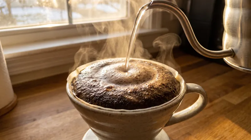The 'bloom' in a pour-over is the visible release of carbon dioxide gas escaping from the coffee grounds.