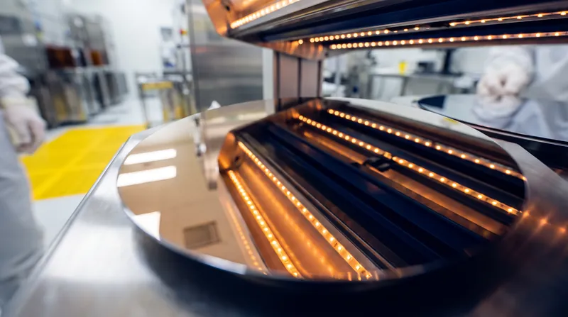 A macro view of a pure silicon wafer reflecting light inside a cleanroom fabrication facility.
