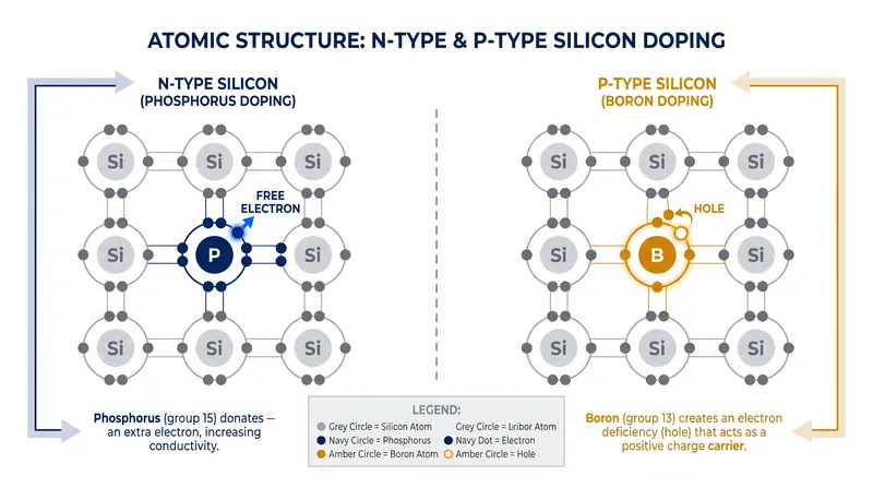 N-type doping introduces an extra electron, while P-type doping creates an electron vacancy or 'hole'.