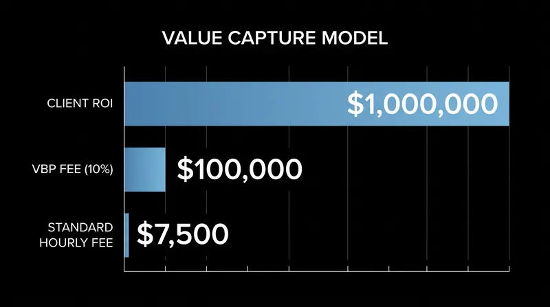 By capturing 10% of a $1 million client outcome, a freelancer earns $100,000 for the same labor that would yield $7,500 at $150 per hour.