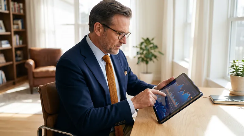 A professional freelance consultant analyzing financial data on a tablet in a modern home office setting.