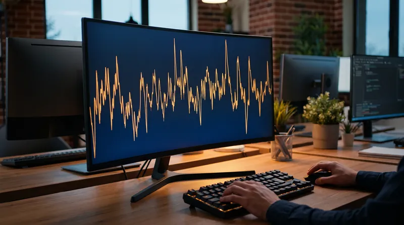 A widescreen computer monitor displaying a bright amber time-series line chart on a dark background in a modern office setting.