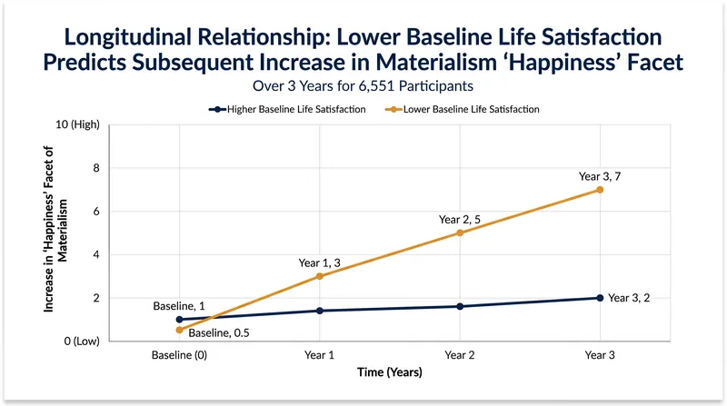 Longitudinal data suggests that rather than buying things causing unhappiness, existing unhappiness drives the desire to buy things.