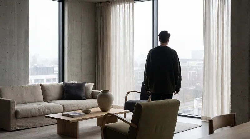 A modern, minimalist living space with a single person looking thoughtfully out a window.