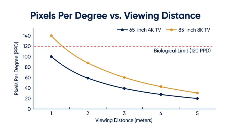 At standard living room viewing distances, 8K displays project a pixel density that far exceeds the maximum resolving power of the human eye.