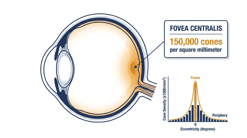 The fovea centralis contains the highest concentration of photoreceptors in the human eye, setting the biological limit for visual acuity.