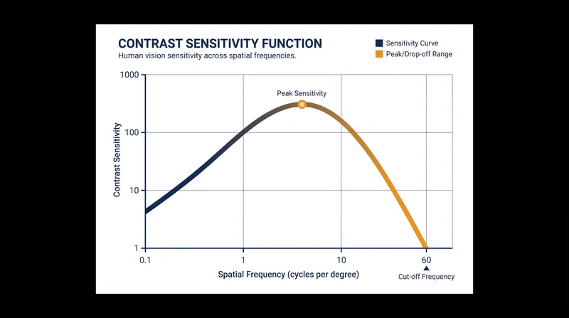 The human visual system is highly sensitive to contrast and broad shapes, but sensitivity drops to zero at the 60 cycles per degree threshold.