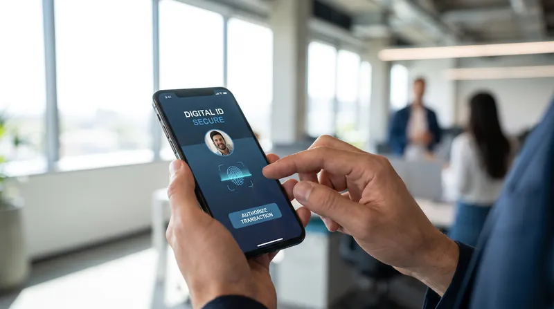 A person in a modern office holds a smartphone displaying a secure digital ID interface.