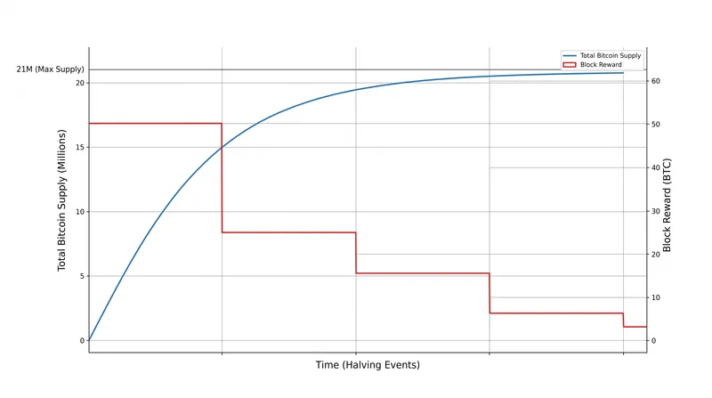 The geometric decay of the block reward creates a heavily front-loaded, asymptotic supply curve.