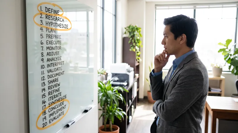 A vertical list of 20 words on a whiteboard with the top and bottom words circled in amber.