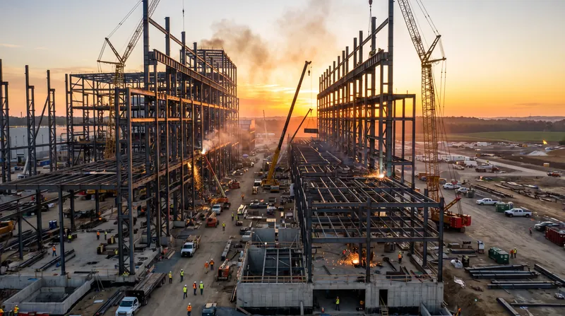 A large corporate manufacturing facility under construction with steel girders and cranes visible at dawn.