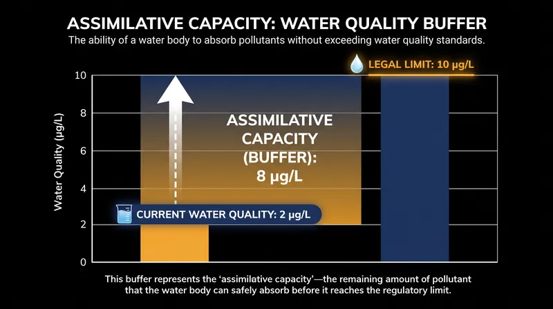 Assimilative capacity represents the buffer between current water quality and the legal safety limit.