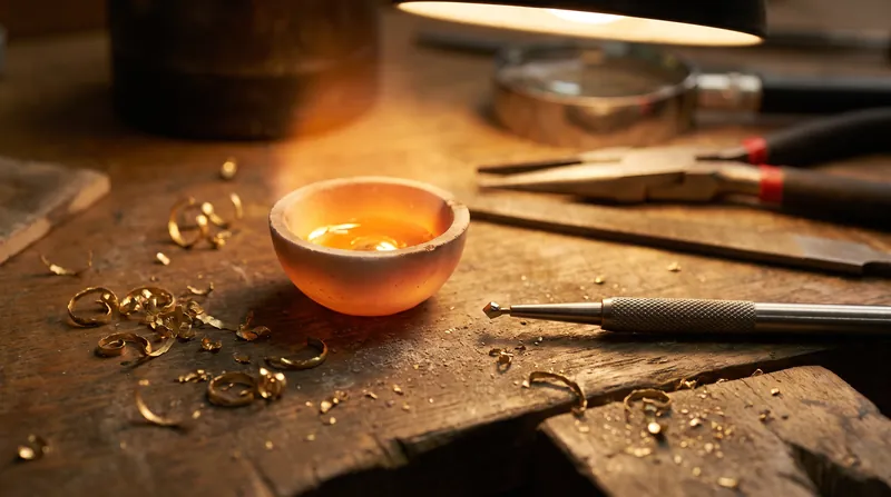 A close-up view of a jeweler's workbench featuring a gold crucible and testing tools.