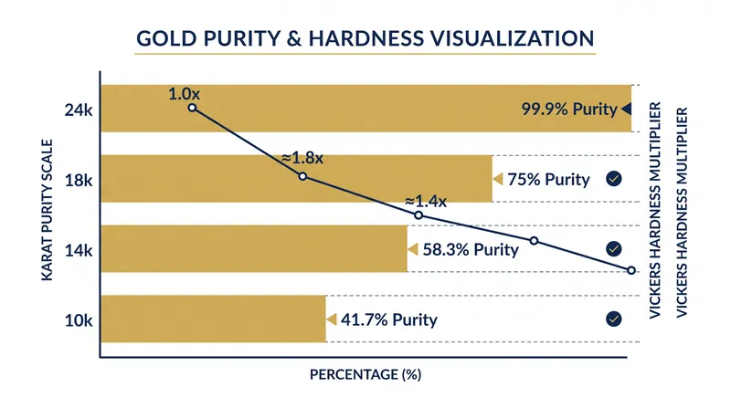 As pure gold content decreases, the surface hardness of the resulting alloy increases dramatically.