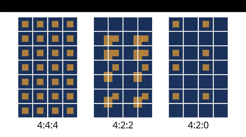 How chroma subsampling discards color information across a four-by-two pixel block.
