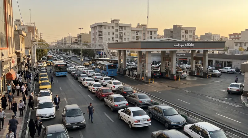 A line of cars waiting to refuel at a busy gas station in Tehran, Iran.