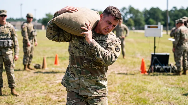 A US military service member in combat uniform lifts a heavy sandbag during an outdoor fitness test.