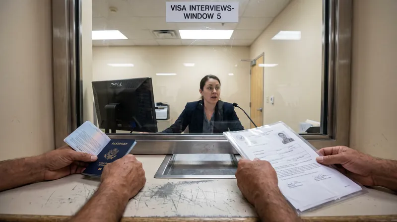 A traveler's hands resting on a counter at a U.S. embassy consular window, holding a passport and documents.