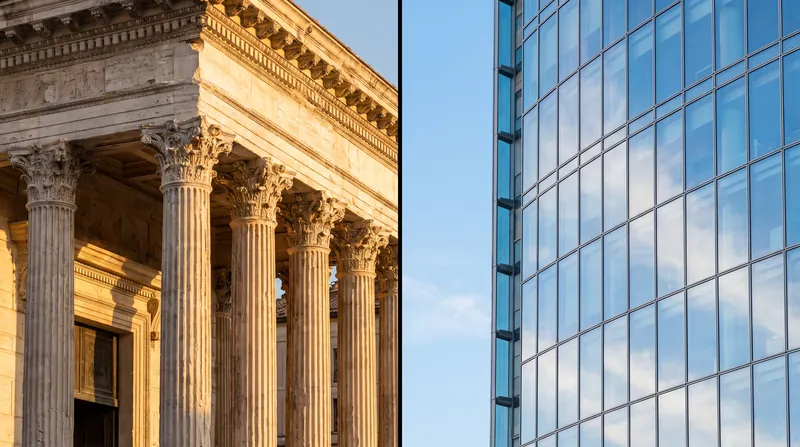 A split image showing classical stone Roman columns on the left and a modern glass skyscraper on the right.
