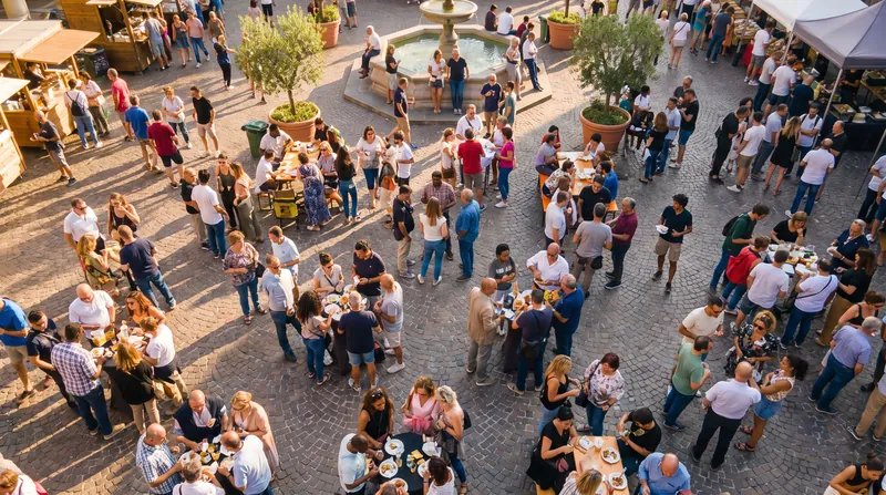 A diverse group of people interacting and talking in a sunlit public community square.