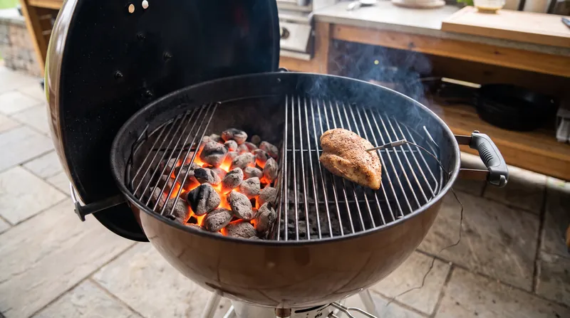 A two-zone fire allows fat to drip into a cool zone, bypassing the 300°C threshold required for pyrolysis.