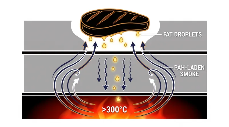 The chemical cycle of outdoor grilling relies on fat reaching a thermal threshold that triggers incomplete combustion.