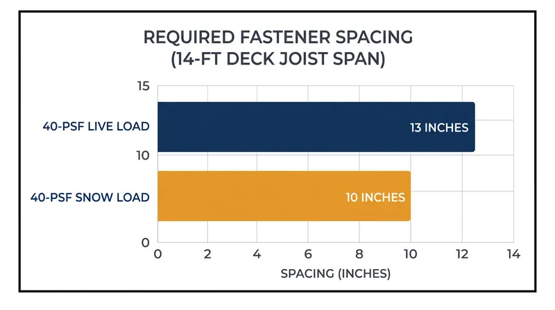 A 40-psf snow load requires tighter fastener spacing than a 40-psf live load due to the sustained duration of the weight.