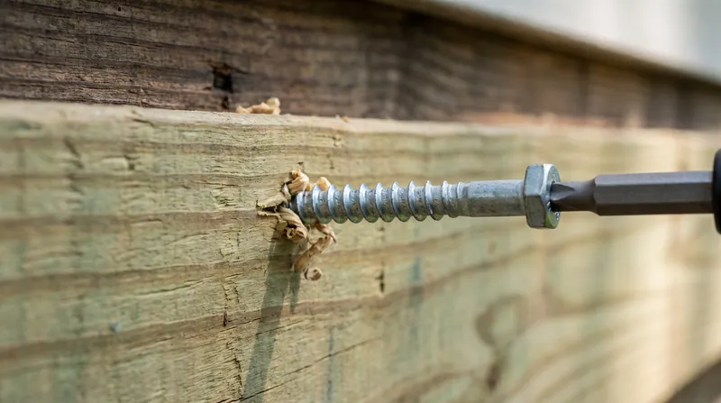 A close-up view of a galvanized steel lag screw securing a pressure-treated wood deck ledger board to a house.