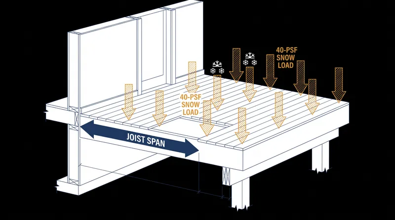 The IRC calculates fastener spacing based on the horizontal joist span and the downward pressure of regional snow loads.