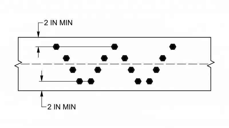 The IRC requires a staggered 'W' pattern to prevent the ledger board from splitting along the wood grain under heavy loads.