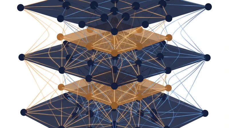 Abstract 3D rendering of a neural network with glowing data signals flowing evenly through multiple layers of nodes.