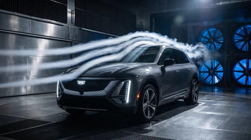 A modern electric SUV inside a wind tunnel with white smoke lines flowing over its large front profile.