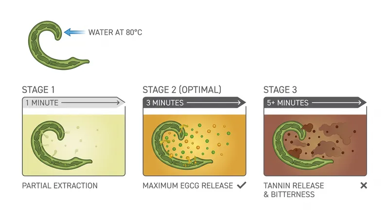 After three minutes at 80°C, EGCG extraction flatlines, and longer steeping only pulls out heavier, astringent compounds.