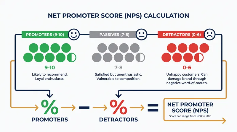 The NPS formula subtracts the percentage of detractors from promoters, entirely discarding passive responses.