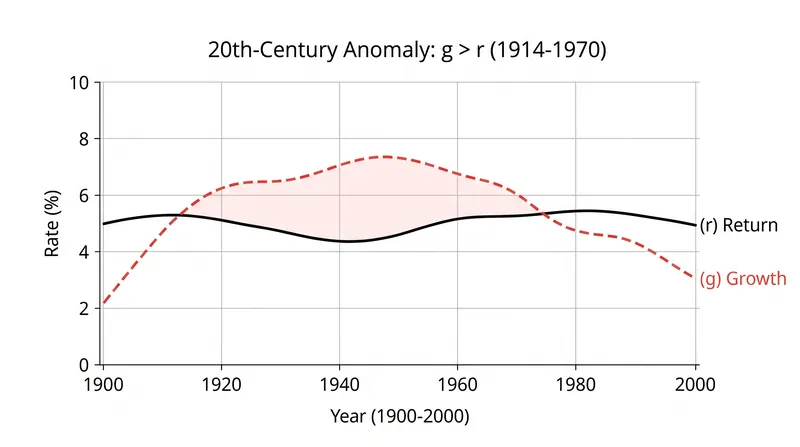 The mid-20th century saw a rare period where economic growth exceeded the return on capital, largely due to post-war recovery and population booms.