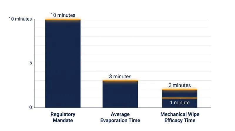 While labels often demand 10 minutes of wetness, physical wiping achieves functional efficacy in under two minutes.