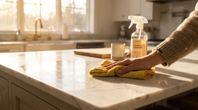 A person's hand using a yellow microfiber cloth to wipe a wet kitchen counter next to a spray bottle.