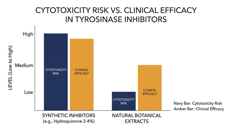 While synthetic inhibitors offer high efficacy, natural alternatives provide a significantly lower risk of melanocyte cytotoxicity.