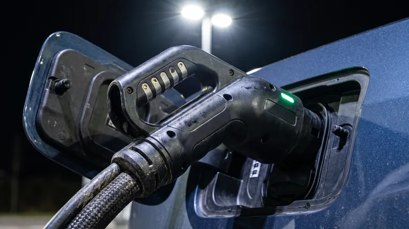 A close-up view of a heavy DC fast charging plug connected to an electric vehicle's charge port.