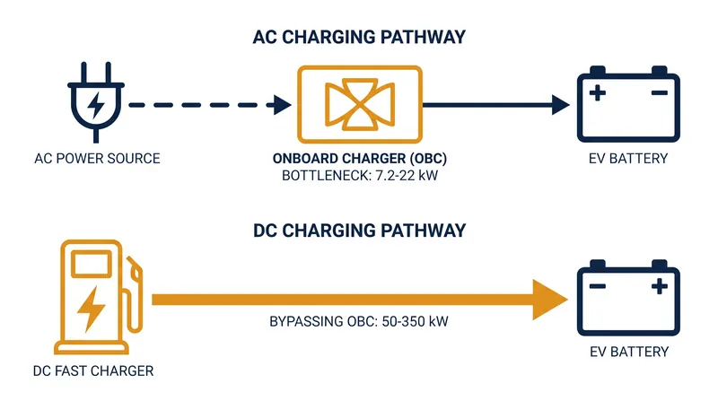 How the onboard charger bottlenecks AC power while DC fast charging bypasses it entirely.