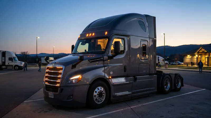 A commercial semi-truck parked at a highway rest stop at dusk with the driver visible inside.