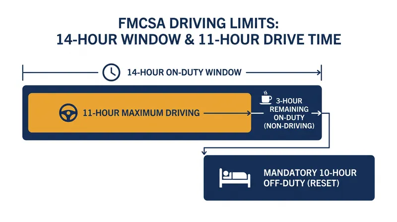 Drivers must fit their maximum 11 hours of driving within a strict 14-hour on-duty window.
