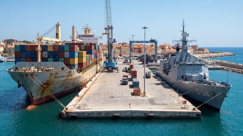 A large cargo ship and a naval vessel docked at concrete piers in a Mediterranean port.