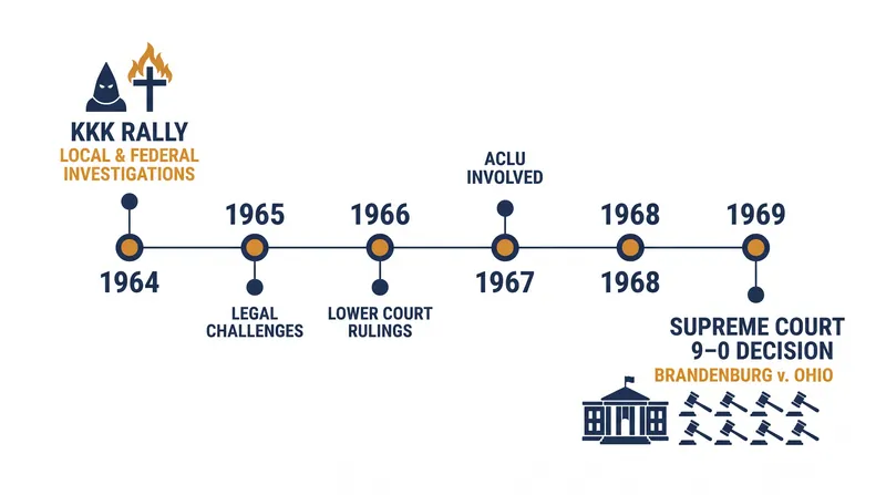 The timeline of the Brandenburg litigation from the inciting broadcast to the Supreme Court reversal.